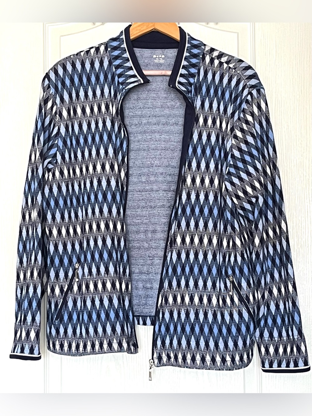 Vintage ALIA Geometric Argyle Knit Full Zip Track Jacket Blue White XL